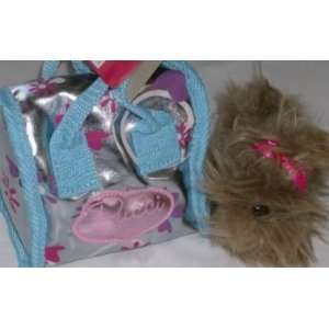  Pucci Pups Mini Brown Stuffed Puppy Dog Silver Carrier 