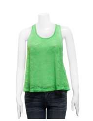 Ladies Green Neon Floral Knit Pattern Sheer Tank Top