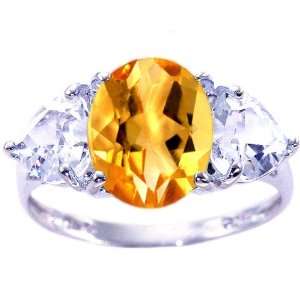14K White Gold Large Oval and Heart Gemstone Ring Multi Citrine White 