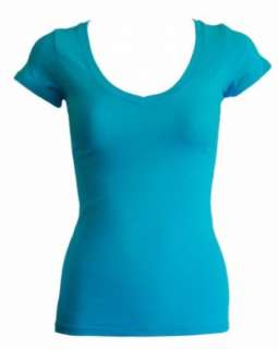 Ladies Turquoise Plain T Shirt Round V Neck Cap Sleeves 