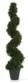 This pair of potted artificial arborvitae spiral topiaries are a 