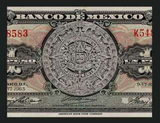 PESO Banknote MEXICO 1965 BCV   Ancient AZTEC CALENDAR   Pick 59 