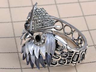 Smokey Grey Enamel Painted Old Owl Bird Face Silver Tone Bracelet 