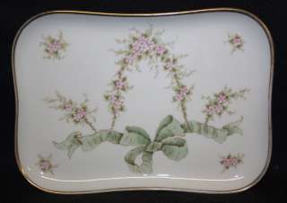 Limoges Antique T&V Vanity Tray Pink Blossom Green Bow  