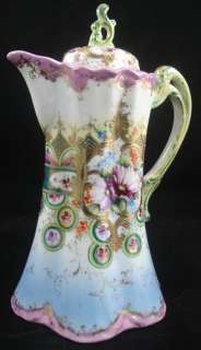 Antique NIPPON MORIAGE PORCELAIN COFFEE POT Beaded Scalloped Gold Trim 