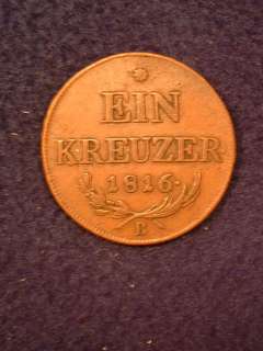 Extra Fine 1816 B Ein Kreuzer copper Austrian coin. Nice detail and 