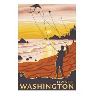  Beach & Kites, Ilwaco, Washington Giclee Poster Print 