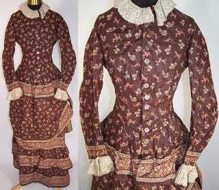 Victorian 1870 Brown Floral Chintz Calico Cotton Bustle Gown Overskirt 