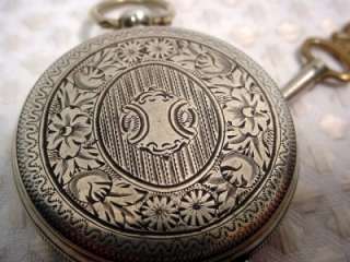 Antique Ladies Key Wind Silver Pocket Watch With Key Floral Face Good 