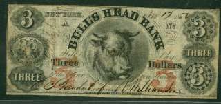 NEW YORK   Bull’s Head Bank, $3.00, 1856, always popular and VF 