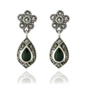    Sterling Silver Marcasite and Onyx Pear Drop Earrings Jewelry
