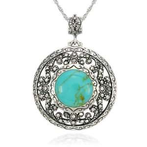   Silver Marcasite and Synthetic Turquoise Round Pendant, 18 Jewelry