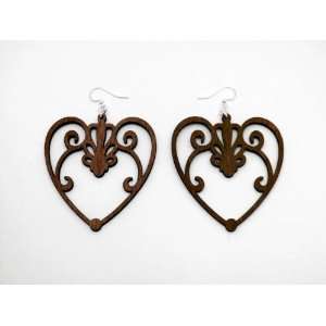  Brown Scroll Heart Wooden Earrings GTJ Jewelry