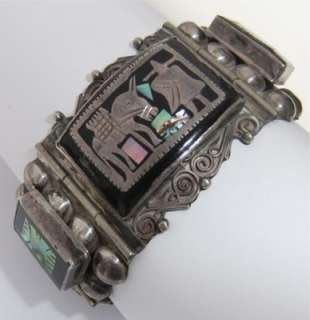 BIG CHUNKY VINTAGE MEXICAN STERLING SILVER ABALONE INLAY BRACELET 