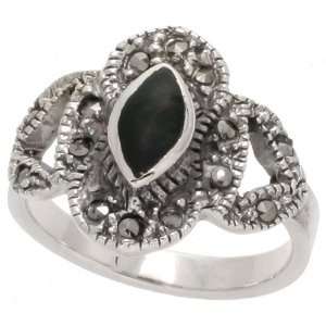   Marcasite Fancy Ring, w/ Marquise Cut Jet Stone, 3/4 (19mm) wide