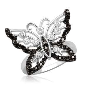  10k White Gold Black & White Butterfly Diamond Ring (1/4 