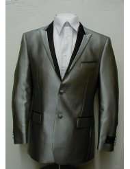 New Mens Super 160s Shiny Silver Sharkskin Dress Suit with Black Trim