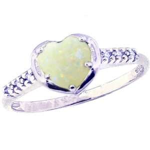  14K White Gold Heart Gemstone and Diamond Promise Ring Opal 