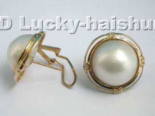 Genuine real South Sea white Mabe Pearl Earrings 14KT g  
