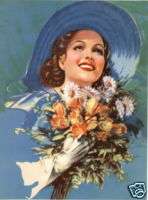 Lady Blue Hat Mixed Flowers Print 1930s  
