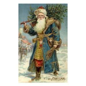 Santa in Blue and Gold Suit Carrying Tree, 1910 Premium Giclee Poster 