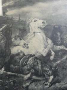 Vintage Print Adolf Shreyer Burning Horse Stable   Framed & Matted 