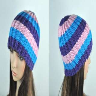 Womens 3 colors Stripes Knit Beanie Beret Hat Cap Blue/Pink/Purple 
