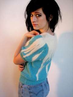 Vtg 80s AQUA teal WHITE Angora blend CABLE knit FUZZY bunny SWEATER 