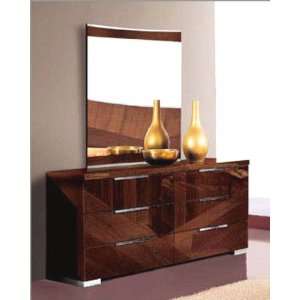 Modern Dresser and Mirror in High Gloss Walnut Finish 