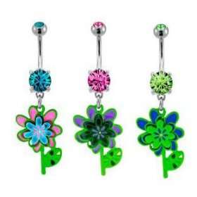 14G 3/8 Green Prong Set with Dangling Blue and Green Flower with Stem 