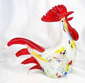 New Hand Blown Glass White Rooster with Colorful Spots Bird Farm 