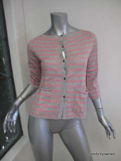 Demylee Pink/Gray Stripe 2 Pocket Button Down Cashmere Cardigan XS 