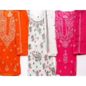  Lot of Three Lukhnavi Chikan Embroidered Kurti Tops with 