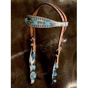  WESTERN LEATHER HEADSTALL WHITE HAIRON WITH BLUE BLING 