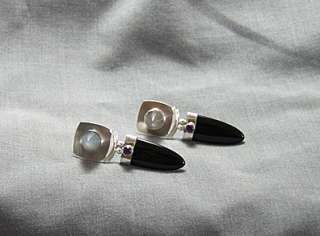 Black Onyx. Moonstones With Amethyst Accents.Earrings. Hand Made. .925 