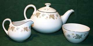   Vinewood Grey Tan Leaves England Tea Pot Sugar Creamer Set White Mist