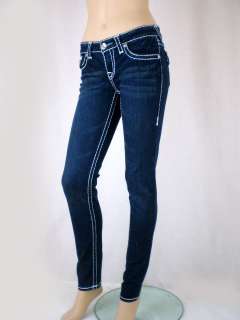 Women LA IDOL Dark Demin Skinny Jeans White Bold Stitching Flap Pocket 