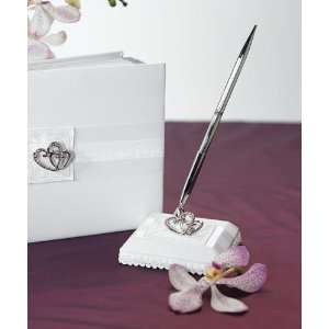  Wedding Favors Classic Double Heart Satin Wrapped Pen Set 