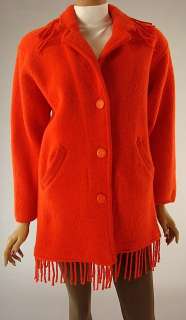 Vintage 90s Orange Boho Hippie Wool Coat Fringe Winter Womens size M 