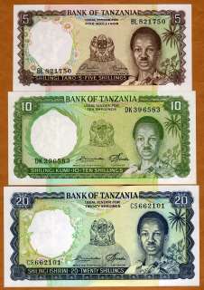 SET Tanzania, 5;10;20 Shillings, (1966) P 1;2;3, UNC  First Issue 