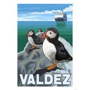  Puffins & Cruise Ship, Valdez, Alaska Giclee Poster Print 