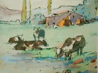 FRAMED WATERCOLOR PAINTING FRENCH COWS MOOR 1930  