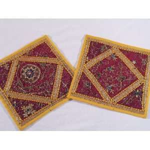  2 Indian Sari Kundan Yellow Throw Pillows Cushion Cases 