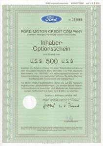 Ford Motor Credit Co.   German Option Warrant to Bearer  