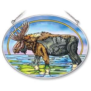 Amia Hand Painted Glass Suncatcher with Moose in Stream Design, 5 1/4 