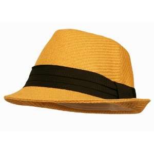 Straw Color Unisex Fedora Hat w/Black Layered Band   Natural  