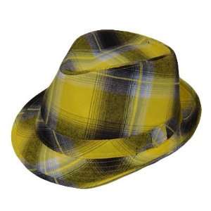  FEDORA TRILBY COTTON HAT YELLOW PLAID BLACK SMALL MED 