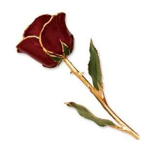 Long Stem Dipped 24K Gold Trim Burgundy Lacquered Genuine Rose w/ Gift 