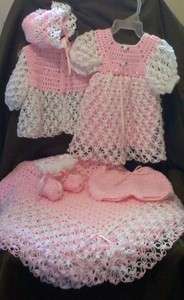   Crochet Baby Dress; (Sweater,Hat,Booties) or Afghan;Layette Set  