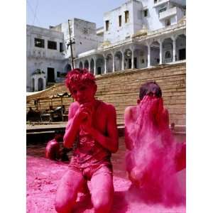 Boys Purify Themselves with Pink Powder During Holi Festival, Pushkar 